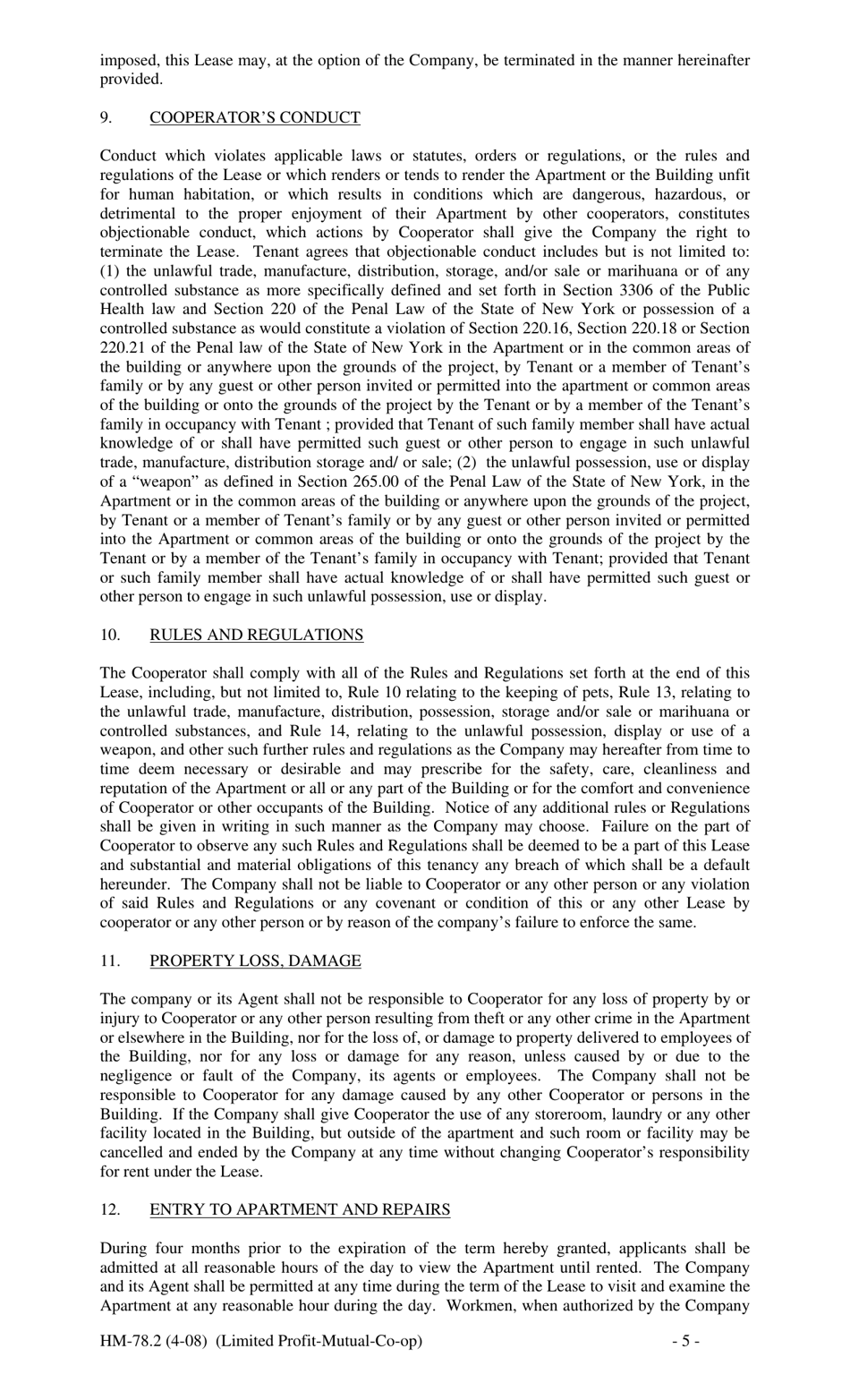 Form HM-78.2 Agreement of Lease, Limited Profit Mutual Co-op - New York, Page 5