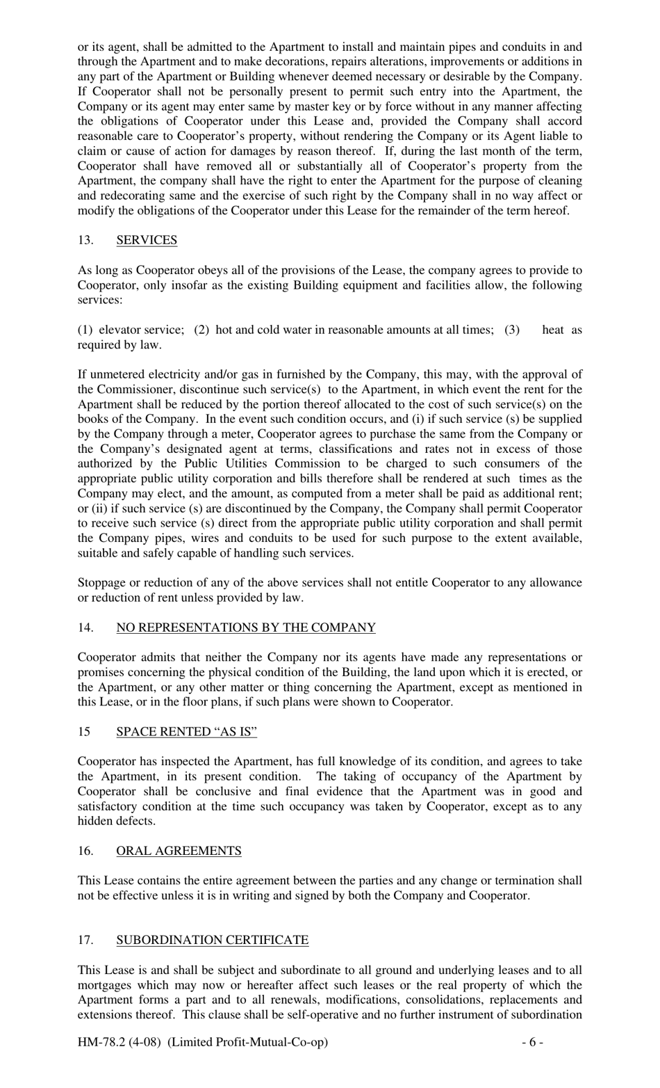 Form HM-78.2 Agreement of Lease, Limited Profit Mutual Co-op - New York, Page 6
