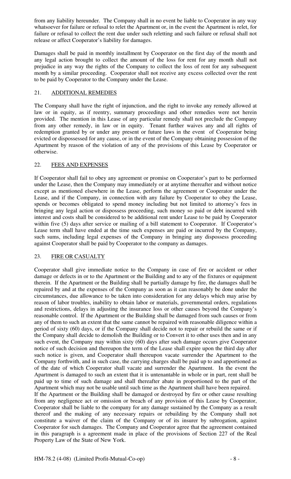 Form HM-78.2 Agreement of Lease, Limited Profit Mutual Co-op - New York, Page 8
