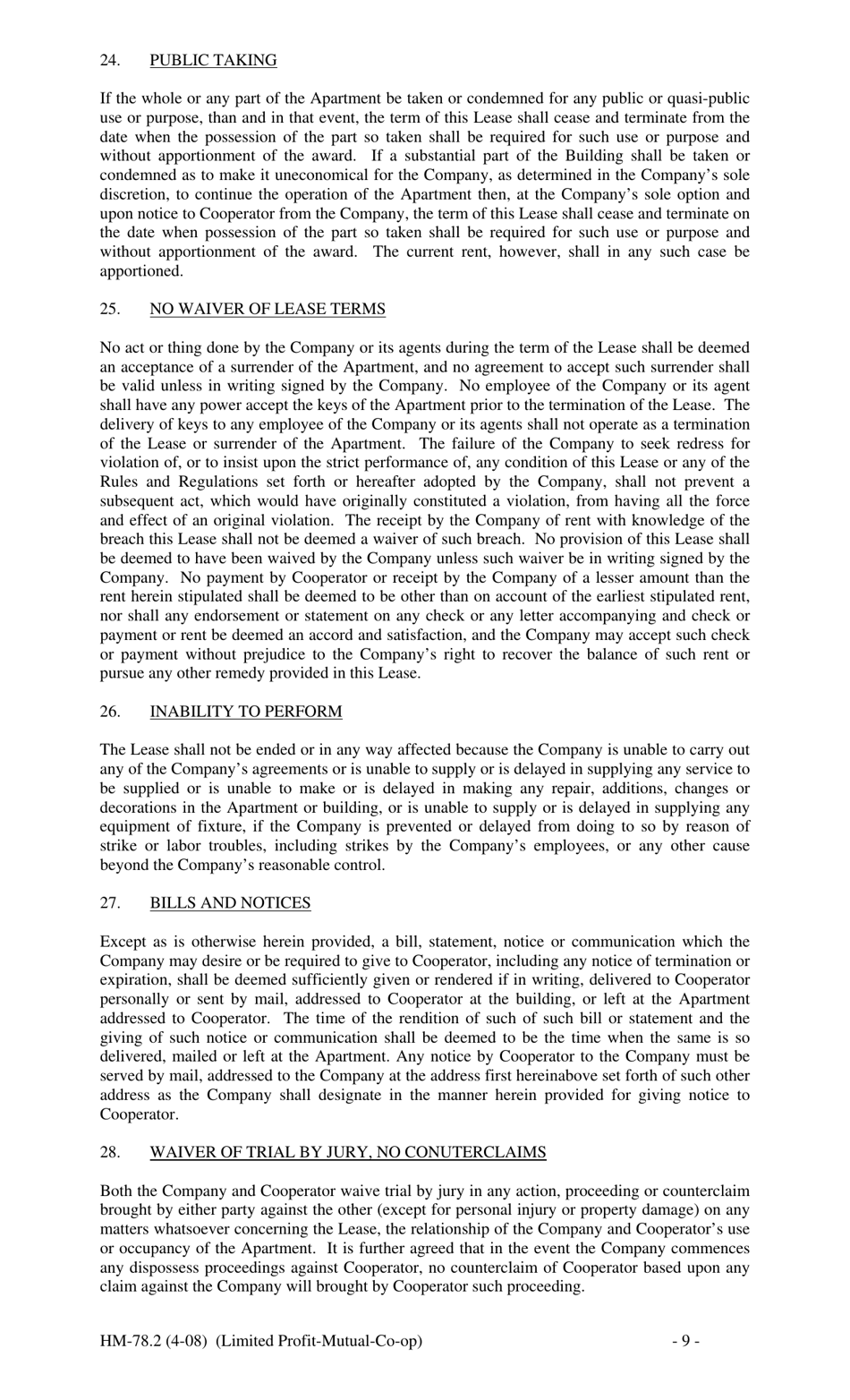 Form HM-78.2 Agreement of Lease, Limited Profit Mutual Co-op - New York, Page 9