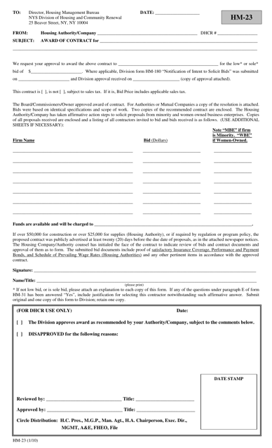Form HM-23 Award of Contract - New York