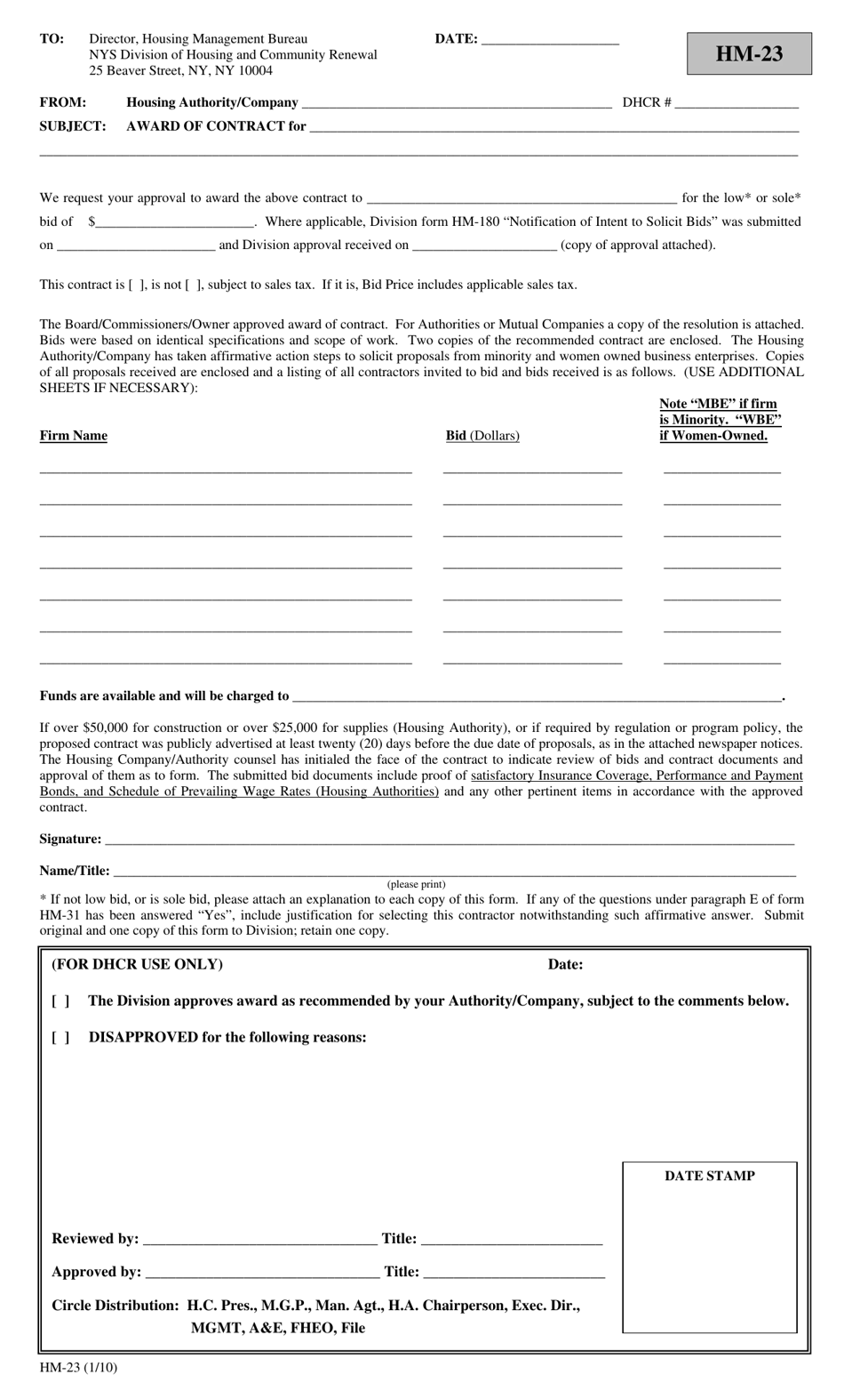 Form HM-23 Award of Contract - New York, Page 1