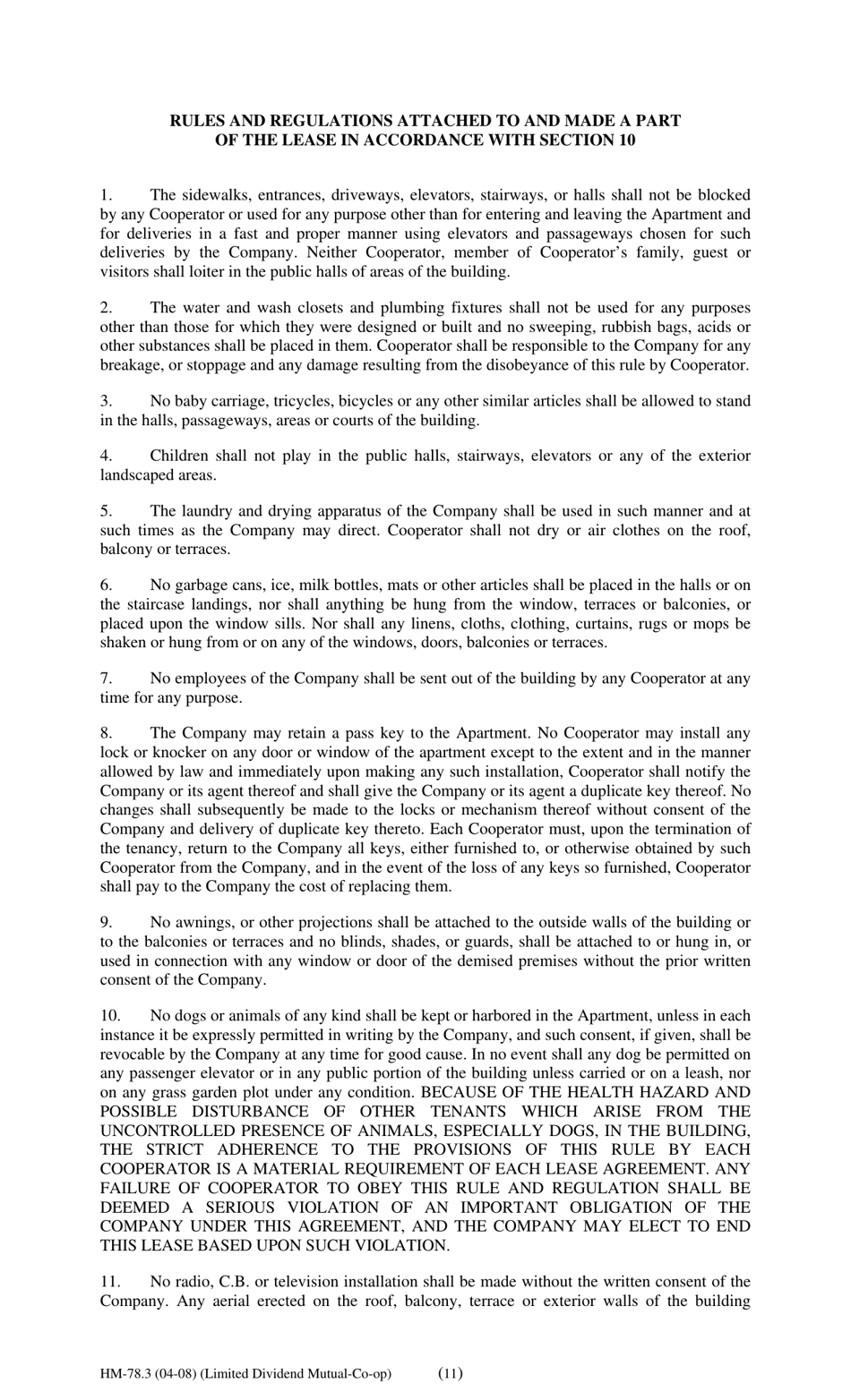 Form HM-78.3 Agreement of Lease, Limited Dividend Mutual Co-op - New York, Page 11