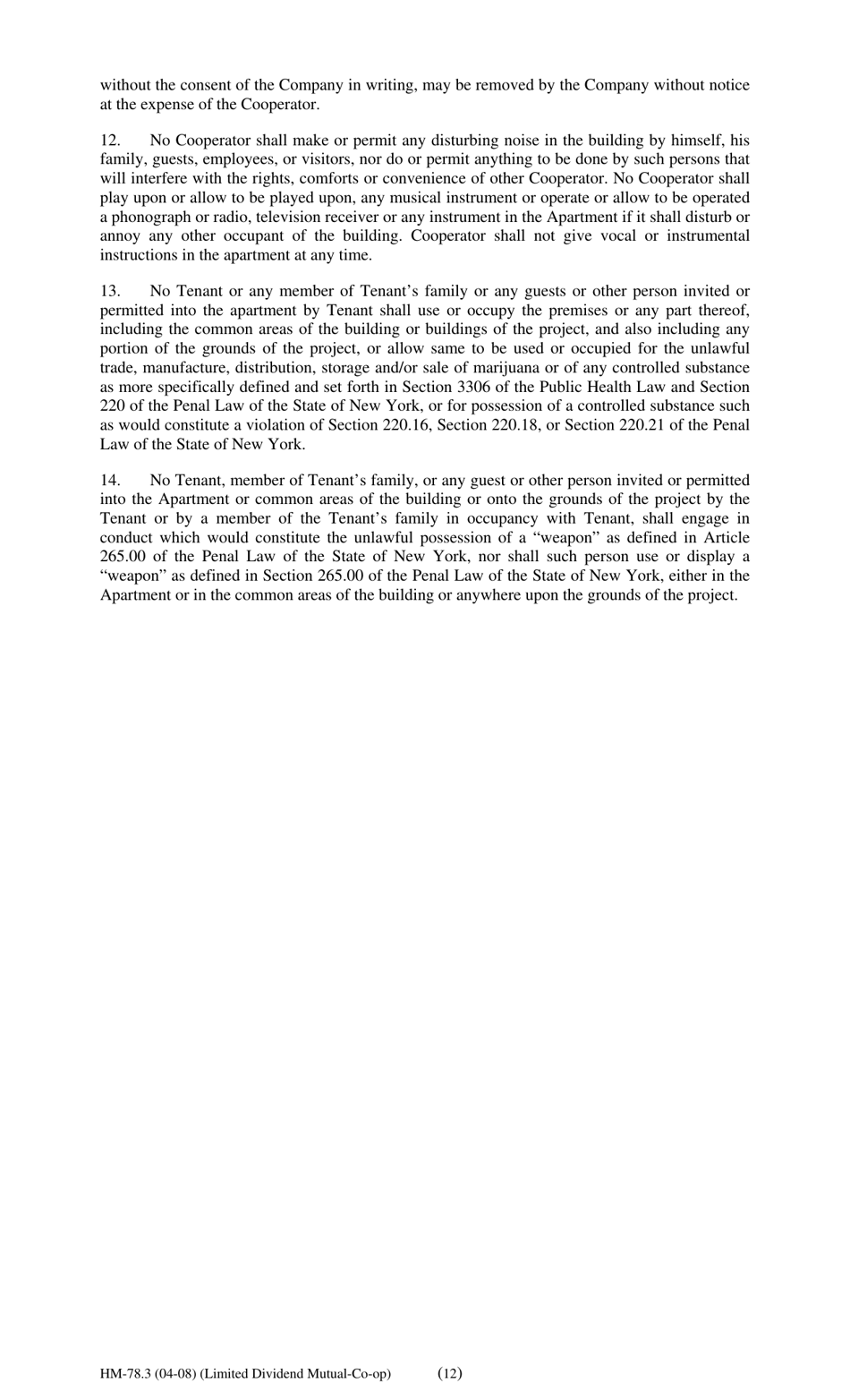 Form HM-78.3 Agreement of Lease, Limited Dividend Mutual Co-op - New York, Page 12