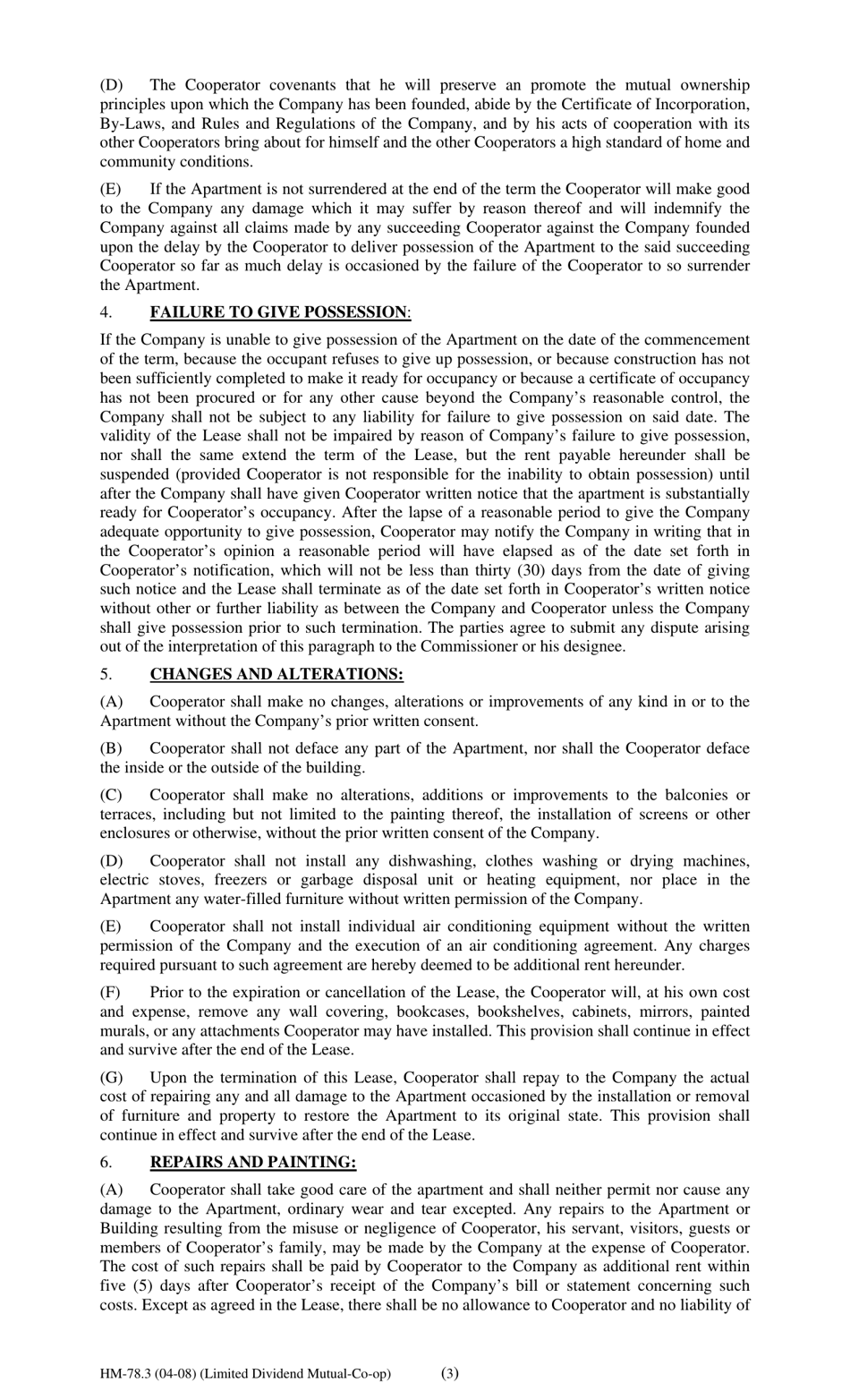 Form HM-78.3 Agreement of Lease, Limited Dividend Mutual Co-op - New York, Page 3