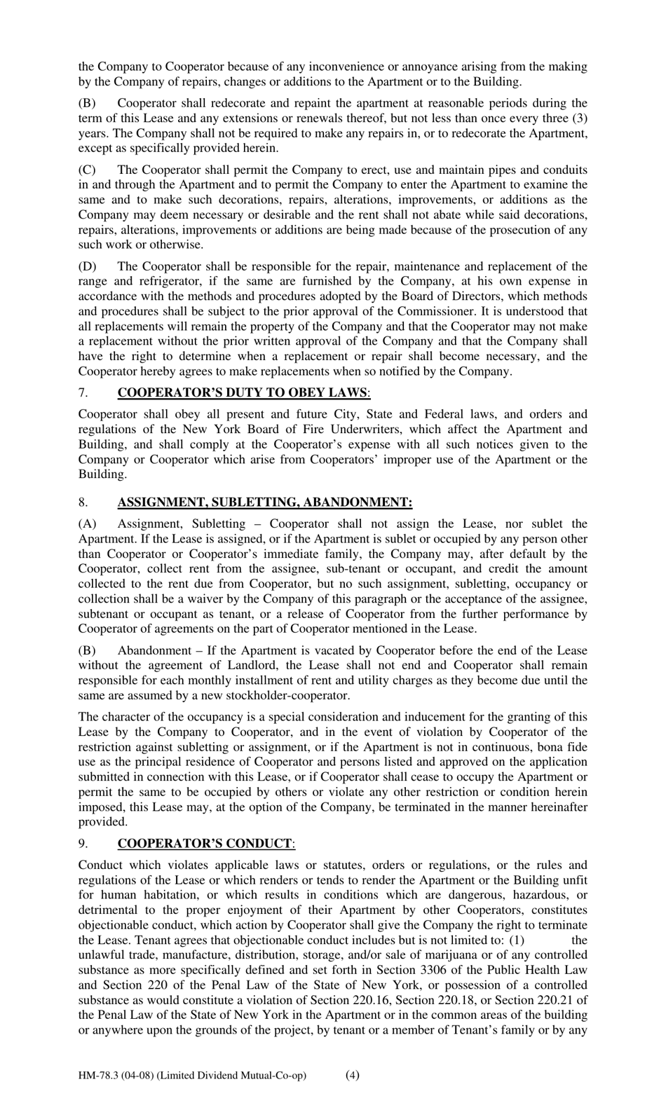 Form HM-78.3 Agreement of Lease, Limited Dividend Mutual Co-op - New York, Page 4