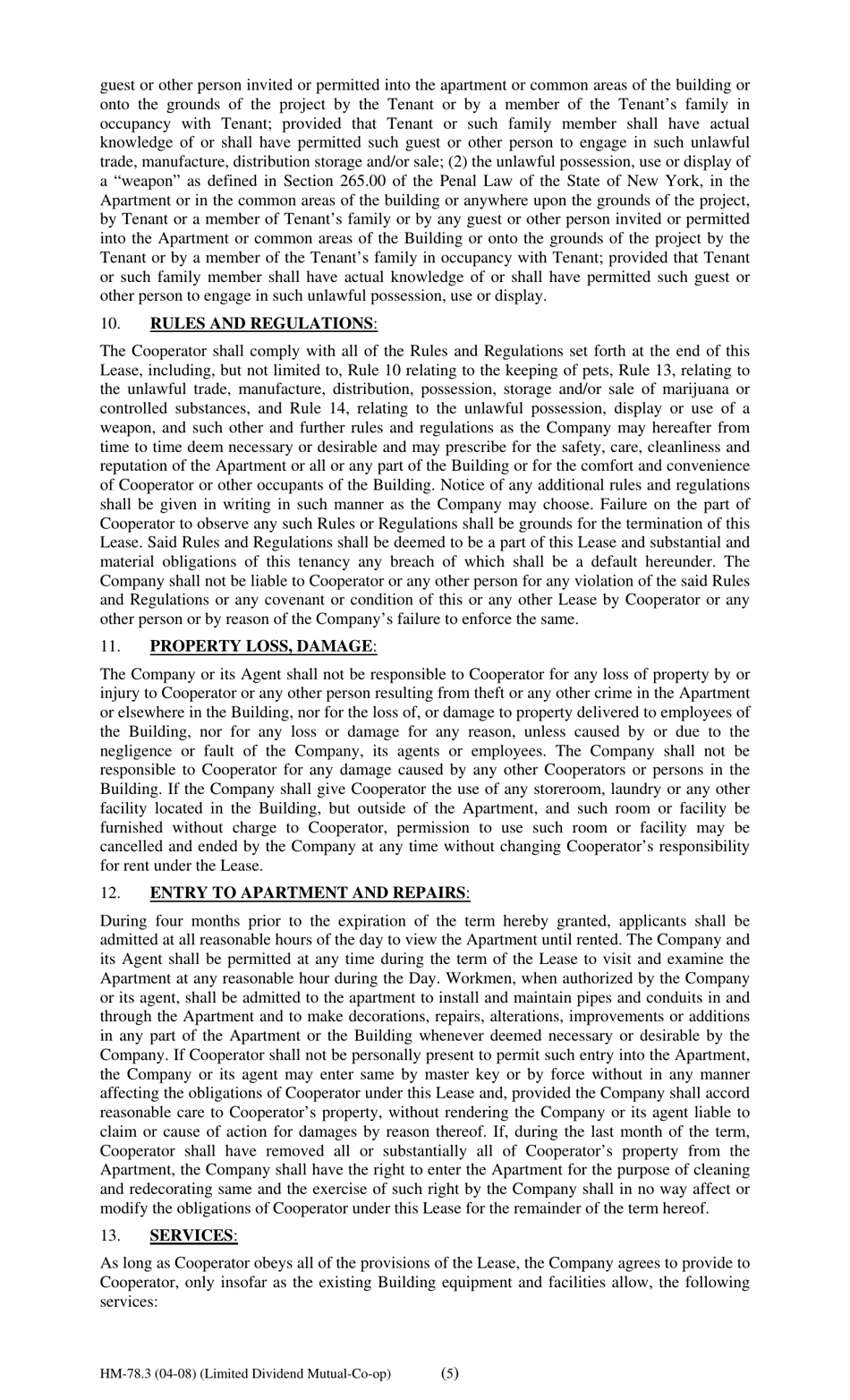 Form HM-78.3 Agreement of Lease, Limited Dividend Mutual Co-op - New York, Page 5