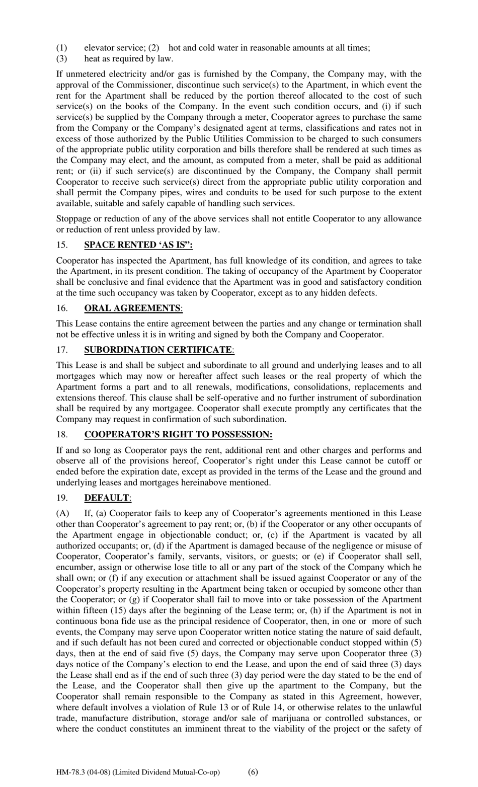 Form HM-78.3 Agreement of Lease, Limited Dividend Mutual Co-op - New York, Page 6