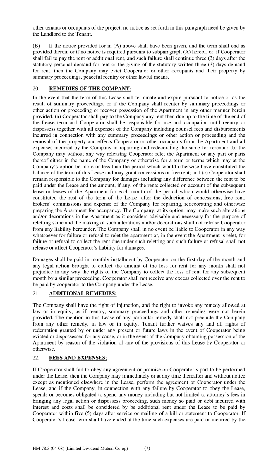 Form HM-78.3 Agreement of Lease, Limited Dividend Mutual Co-op - New York, Page 7