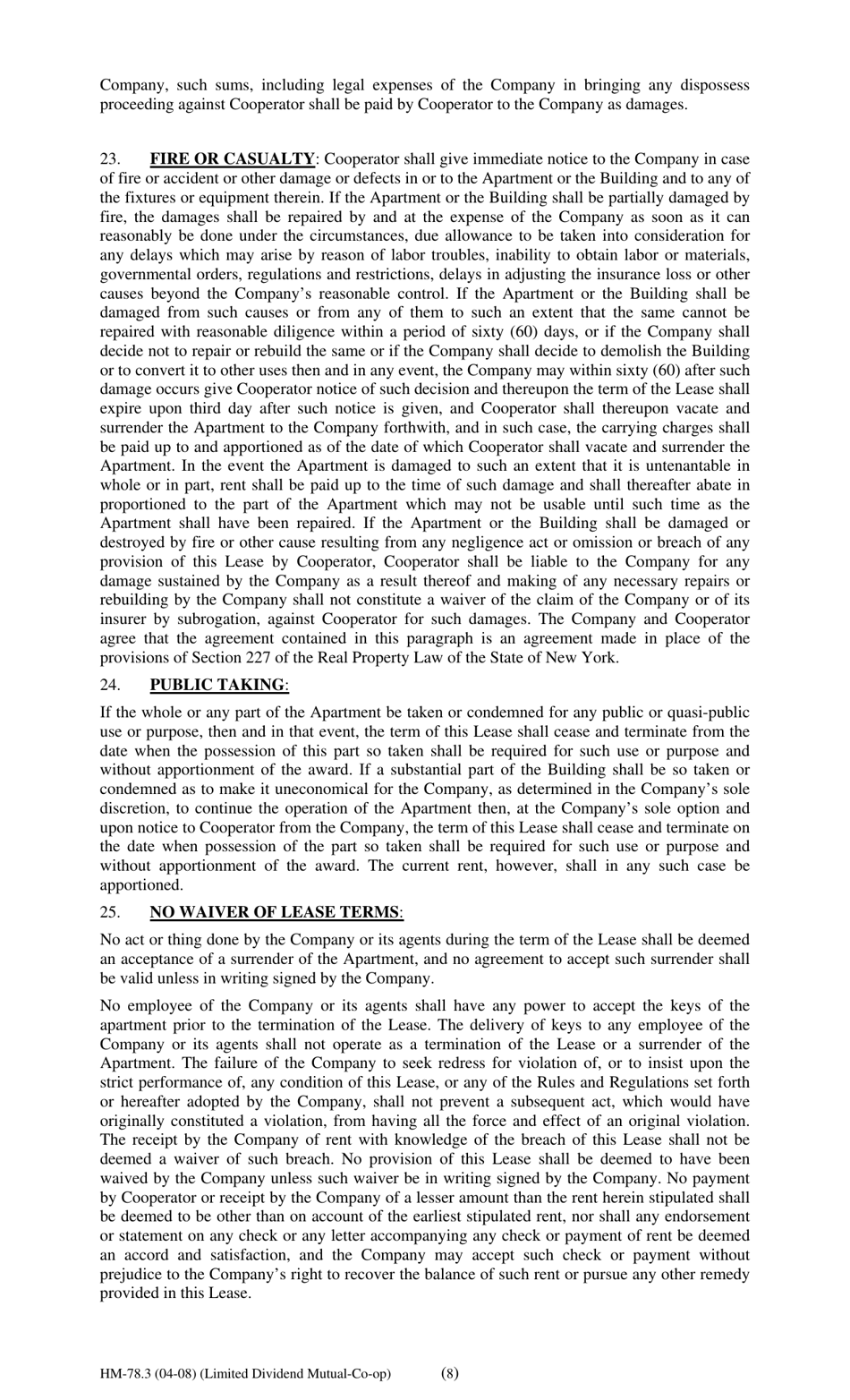 Form HM-78.3 Agreement of Lease, Limited Dividend Mutual Co-op - New York, Page 8