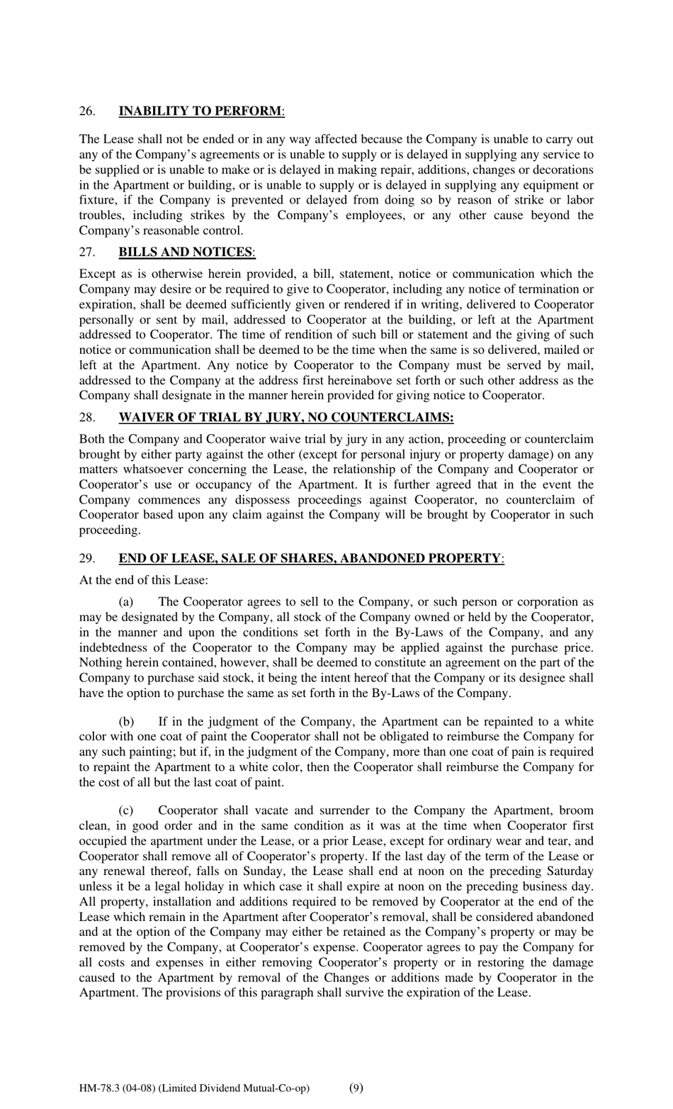 Form HM-78.3 Agreement of Lease, Limited Dividend Mutual Co-op - New York, Page 9