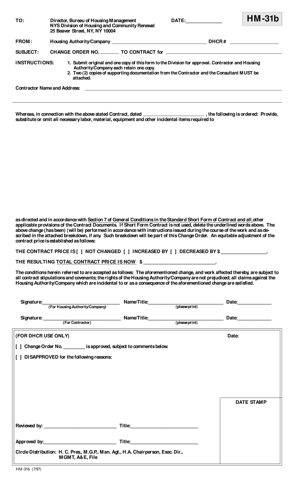 Form HM-31B Change Order to Contract - New York, Page 1