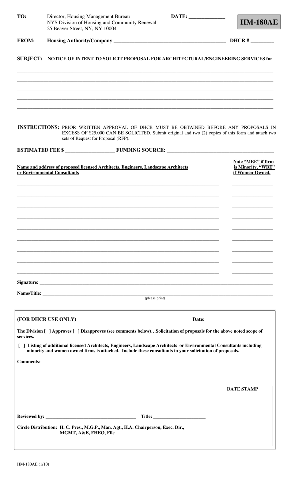 Form HM-180AE Notice of Intent to Solicit Proposal for Architectural / Engineering Services - New York, Page 1