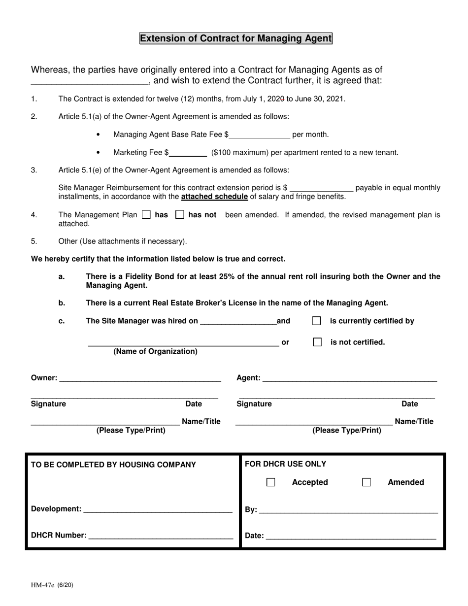 Form HM-47E Extension of Contract for Managing Agent - New York, Page 1
