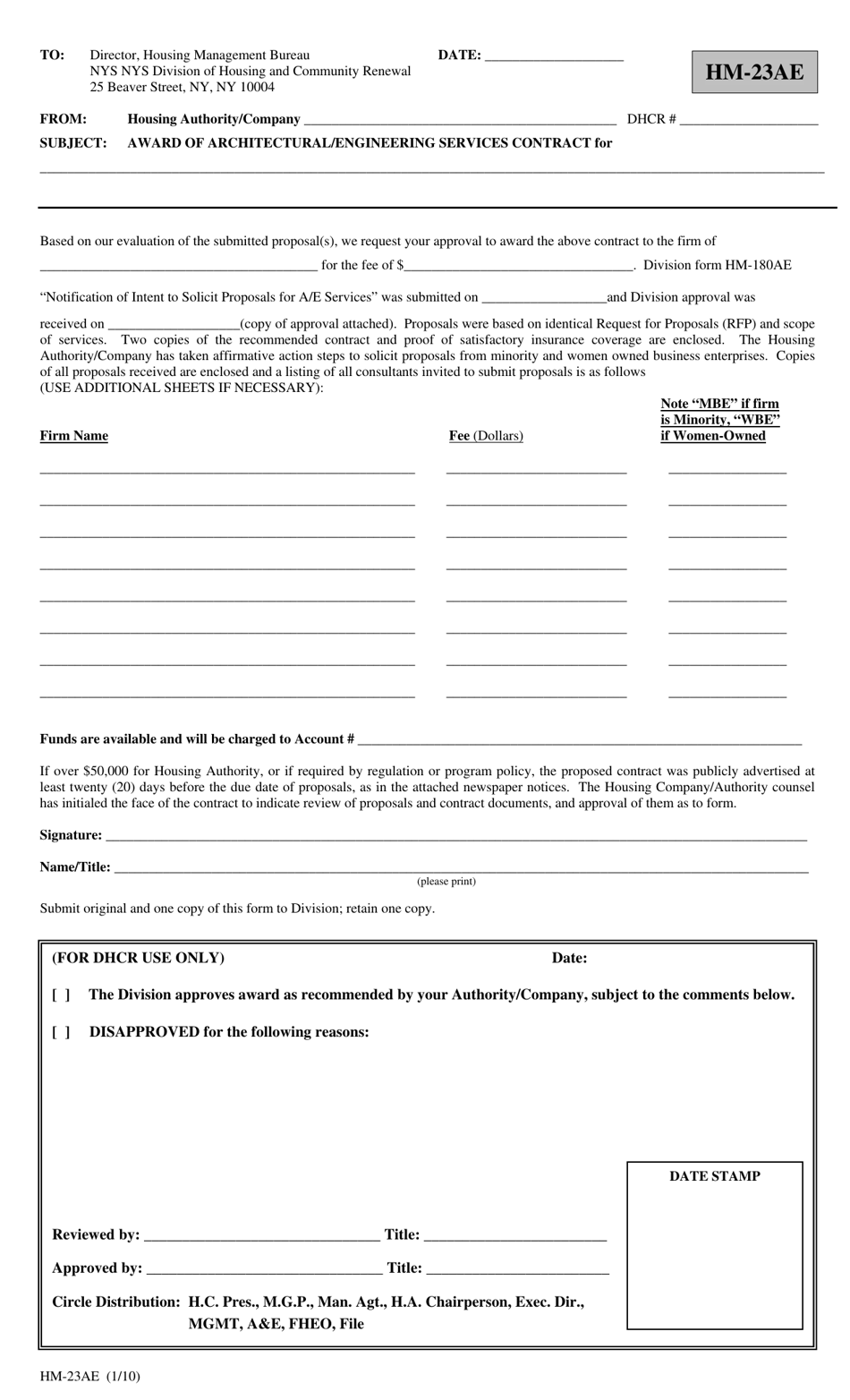 Form HM-23AE Award of Architectural / Engineering Services Contract - New York, Page 1