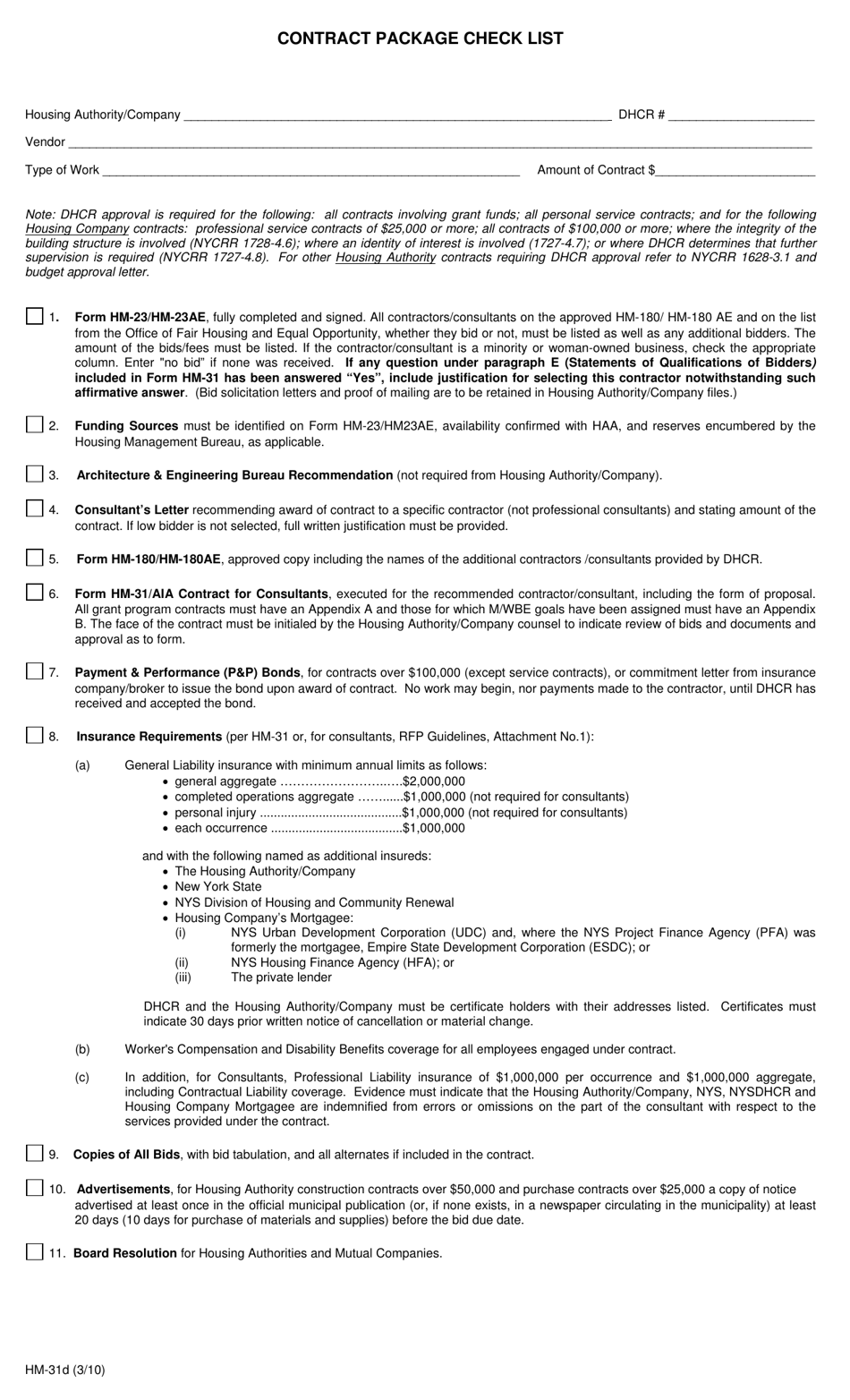Form HM-31D Contract Package Check List - New York, Page 1