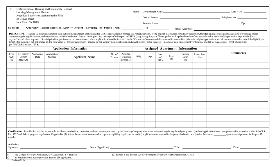 Form HM-14A Quarterly Tenant Selection Activity Report - New York, Page 1