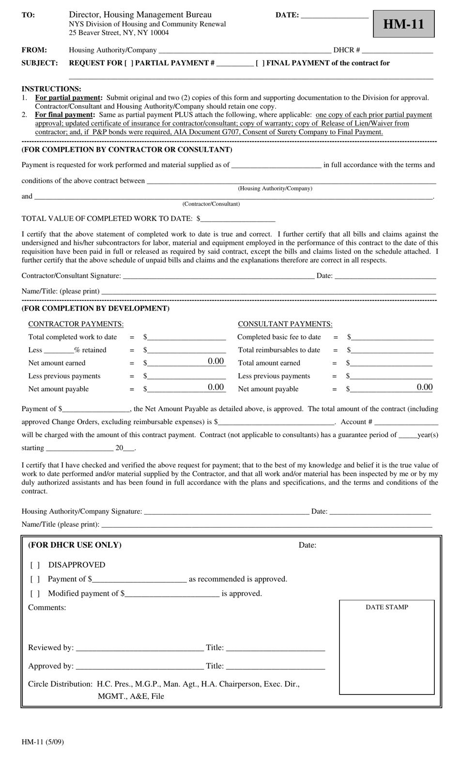Form HM-11 Request for Partial / Final Payment - New York, Page 1