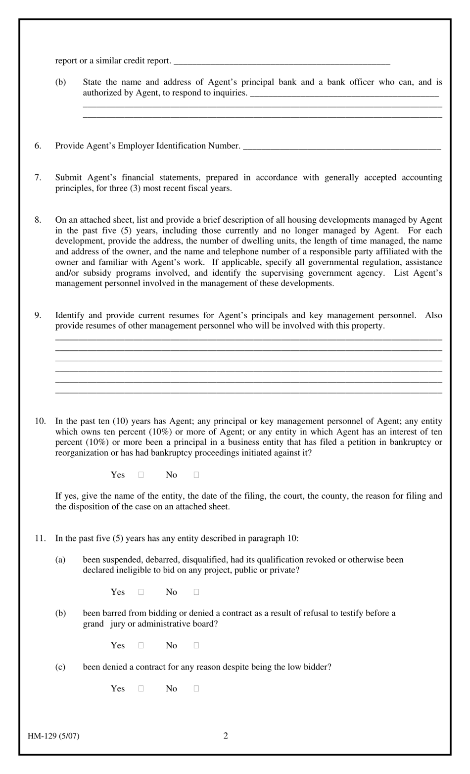 Form HM-129 Statement of Qualifications for Management Firm Seeking Owner / Agent Agreement - New York, Page 2