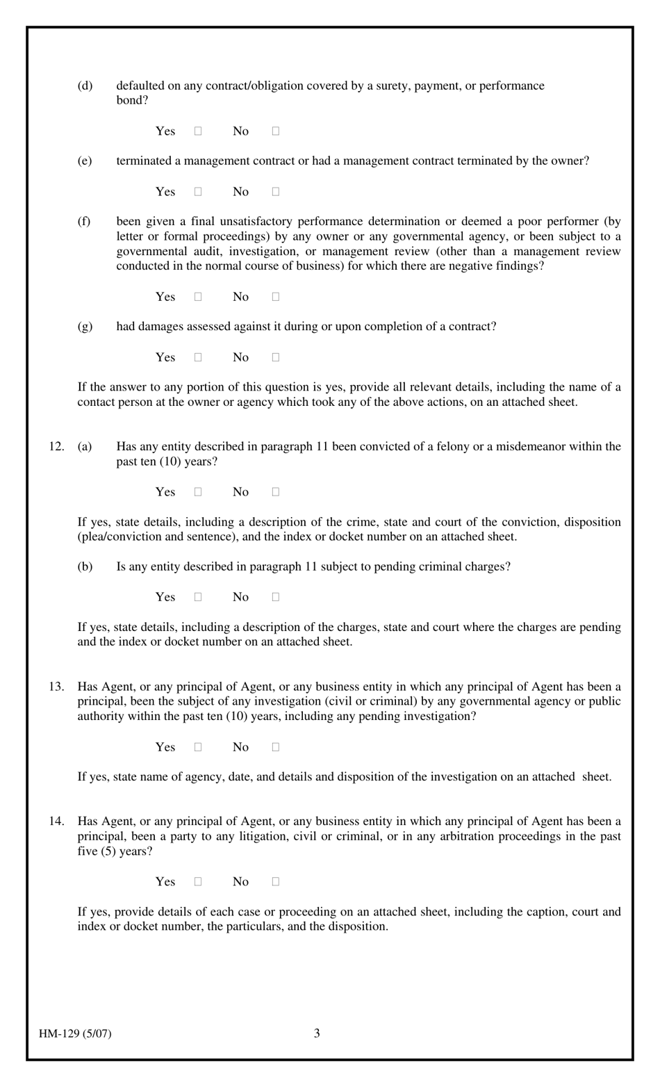 Form HM-129 Statement of Qualifications for Management Firm Seeking Owner / Agent Agreement - New York, Page 3