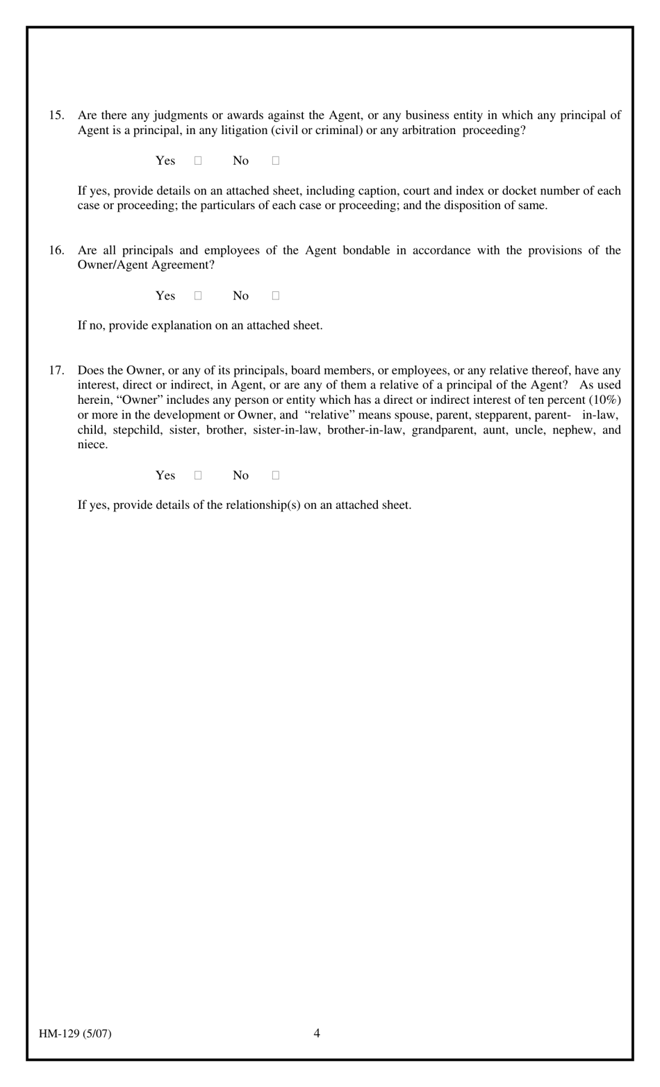 Form HM-129 Statement of Qualifications for Management Firm Seeking Owner / Agent Agreement - New York, Page 4