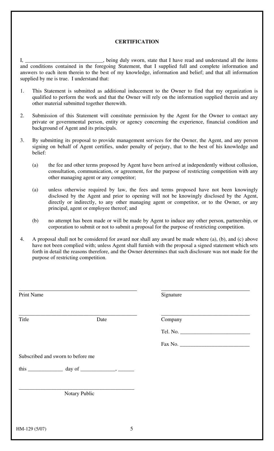 Form HM-129 Statement of Qualifications for Management Firm Seeking Owner / Agent Agreement - New York, Page 5