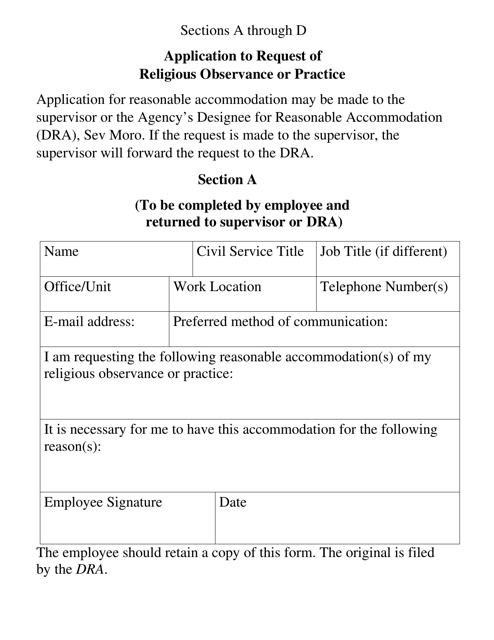 Application to Request of Religious Observance or Practice - New York Download Pdf