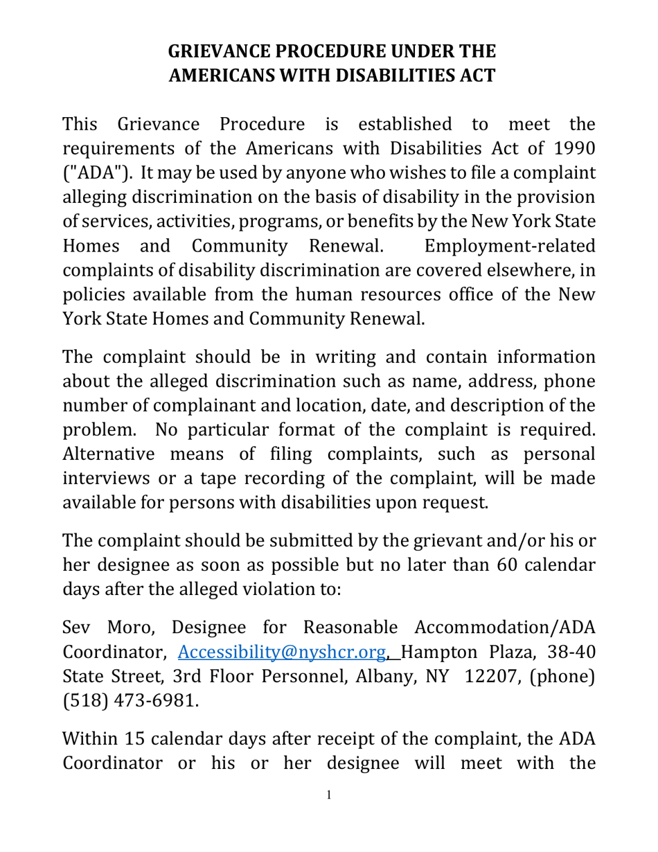 New York Americans With Disabilities Act Complaint Form (Large Font ...