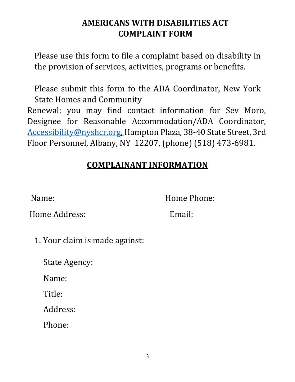 Americans With Disabilities Act Complaint Form (Large Font) - New York, Page 3