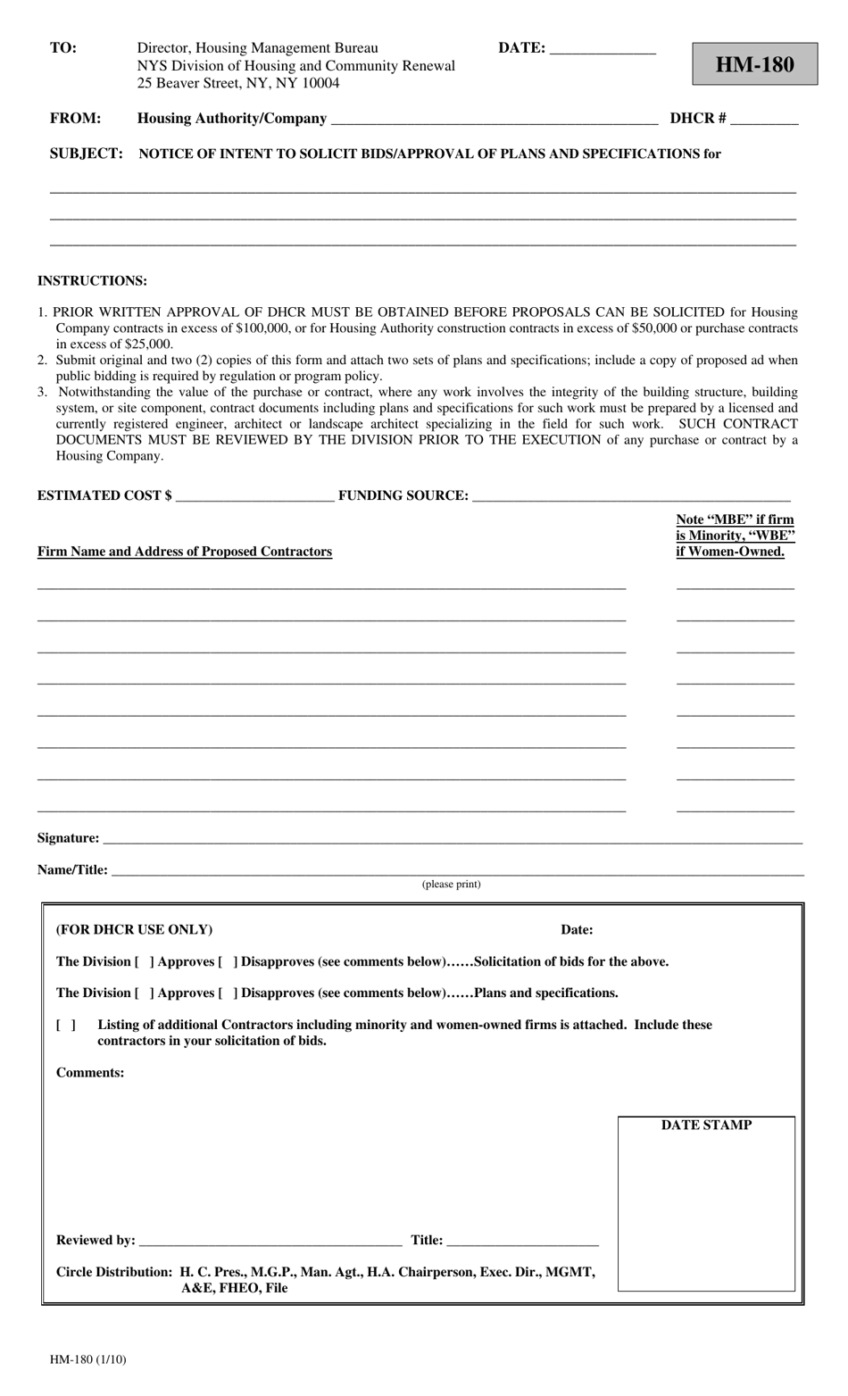 Form HM-180 Notice of Intent to Solicit Bids / Approval of Plans and Specifications - New York, Page 1