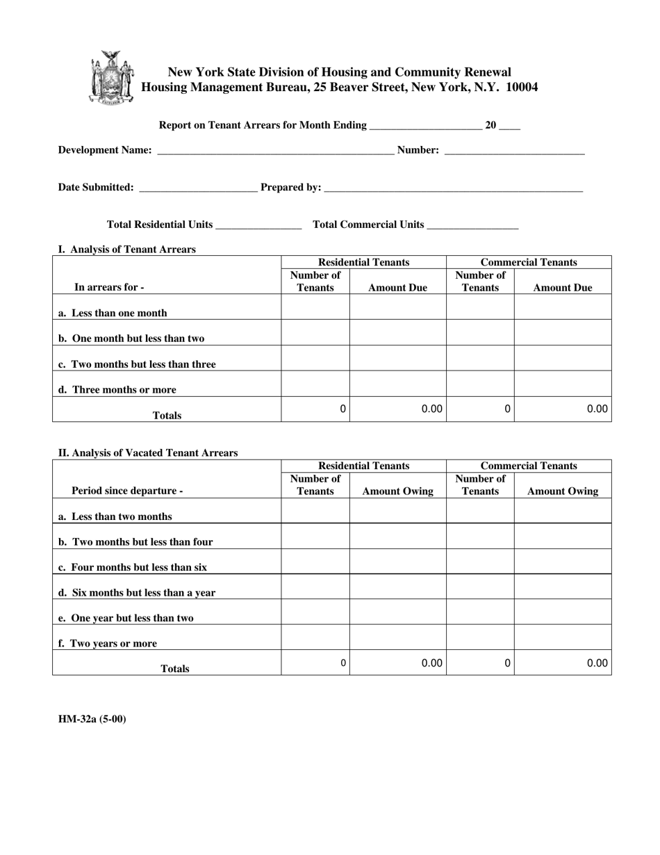 Form HM-32A Report on Tenant Arrears - New York, Page 1