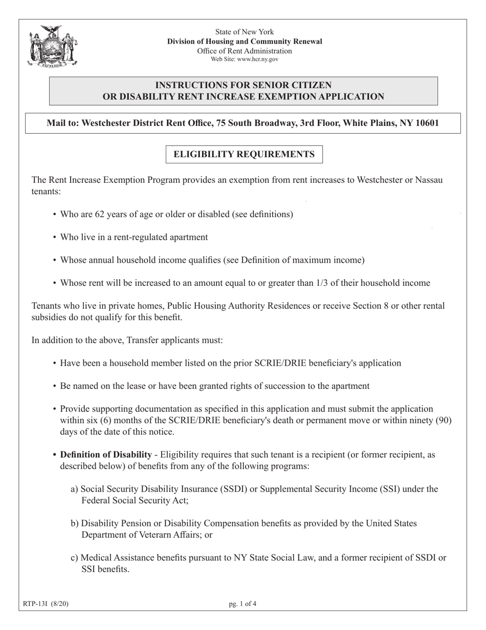 Instructions for Form RTP-13A Application for Senor Citizen or Disability Rent Increase Exemption - New York, Page 1