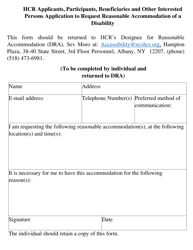 Document preview: Hcr Applicants, Participants, Beneficiaries and Other Interested Persons - Application to Request - Reasonable Accommodation of a Disability (Large Font) - New York