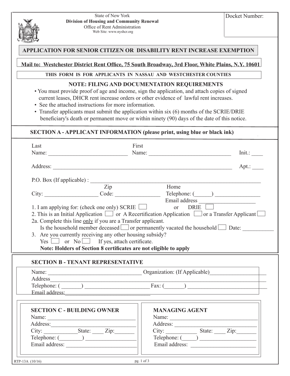 Form RTP-13A Application for Senior Citizen or Disability Rent Increase Exemption - New York, Page 1