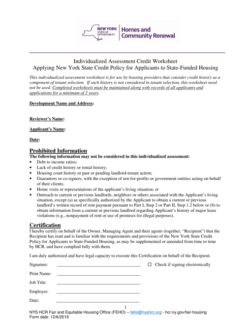Individualized Assessment Credit Worksheet - Applying New York State Credit Policy for Applicants to State-Funded Housing - New York Download Pdf