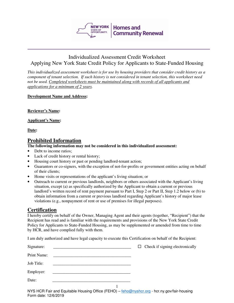 Individualized Assessment Credit Worksheet - Applying New York State Credit Policy for Applicants to State-Funded Housing - New York, Page 1