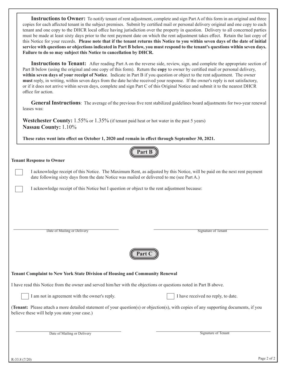 Form R-33.8 Owners Sixty-Day Notice of Maximum Rent Adjustment for Housing Units Subject to the New York State Rent  Eviction Regulations (Srer) (Rent Control Apartments Outside of New York City) - New York, Page 2
