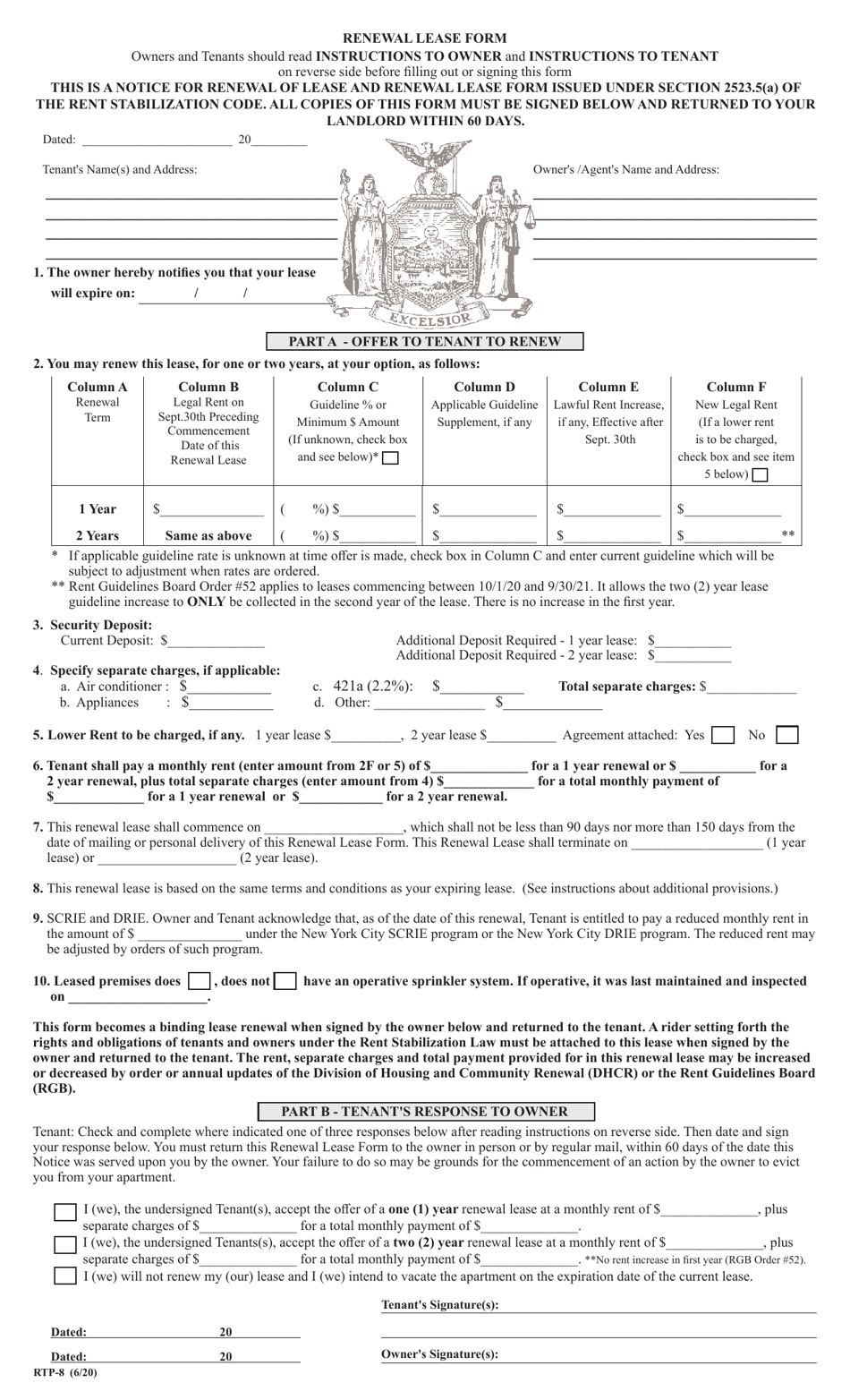 Form RTP-8 Renewal Lease Form - New York, Page 1