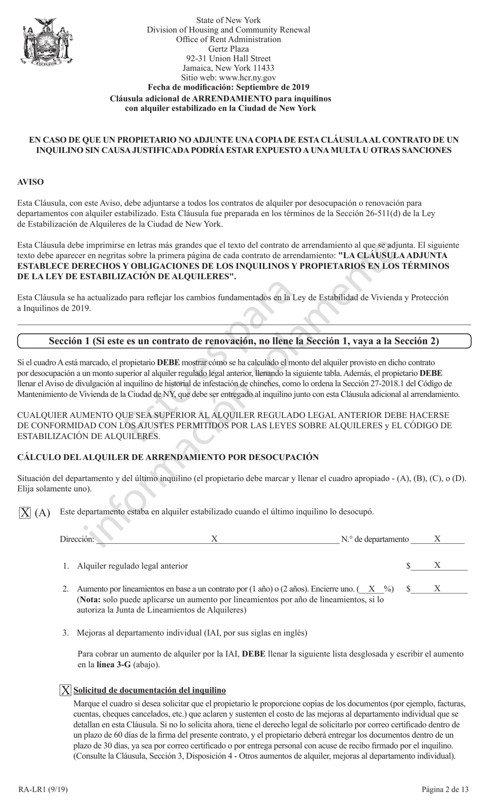 Formulario RA-LR1 Clausula Adicional De Arrendamiento Para Inquilinos Con Alquiler Estabilizado En La Ciudad De New York - New York (Spanish), Page 2