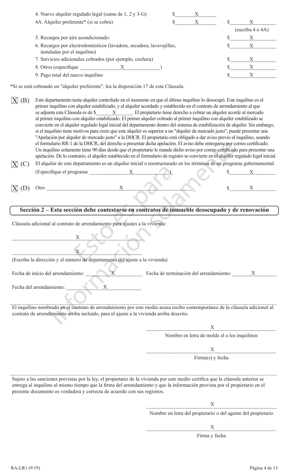 Formulario RA-LR1 Clausula Adicional De Arrendamiento Para Inquilinos Con Alquiler Estabilizado En La Ciudad De New York - New York (Spanish), Page 4