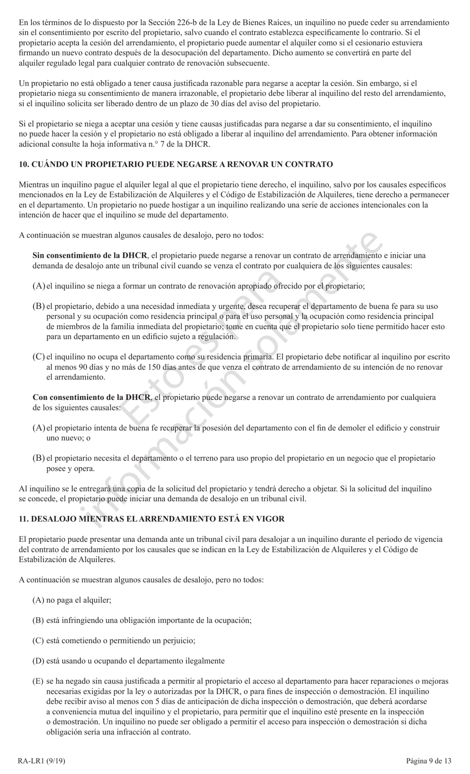 Formulario RA-LR1 Clausula Adicional De Arrendamiento Para Inquilinos Con Alquiler Estabilizado En La Ciudad De New York - New York (Spanish), Page 9