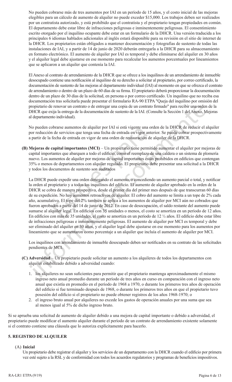 Formulario RA-LR1 ETPA Anexo a Contrato Estandar De Acuerdo Con Ley De Proteccion De Emergencia Para Inquilinos (Etpa) Para Inquilinos Con Alquiler Estabilizado - New York (Spanish), Page 6