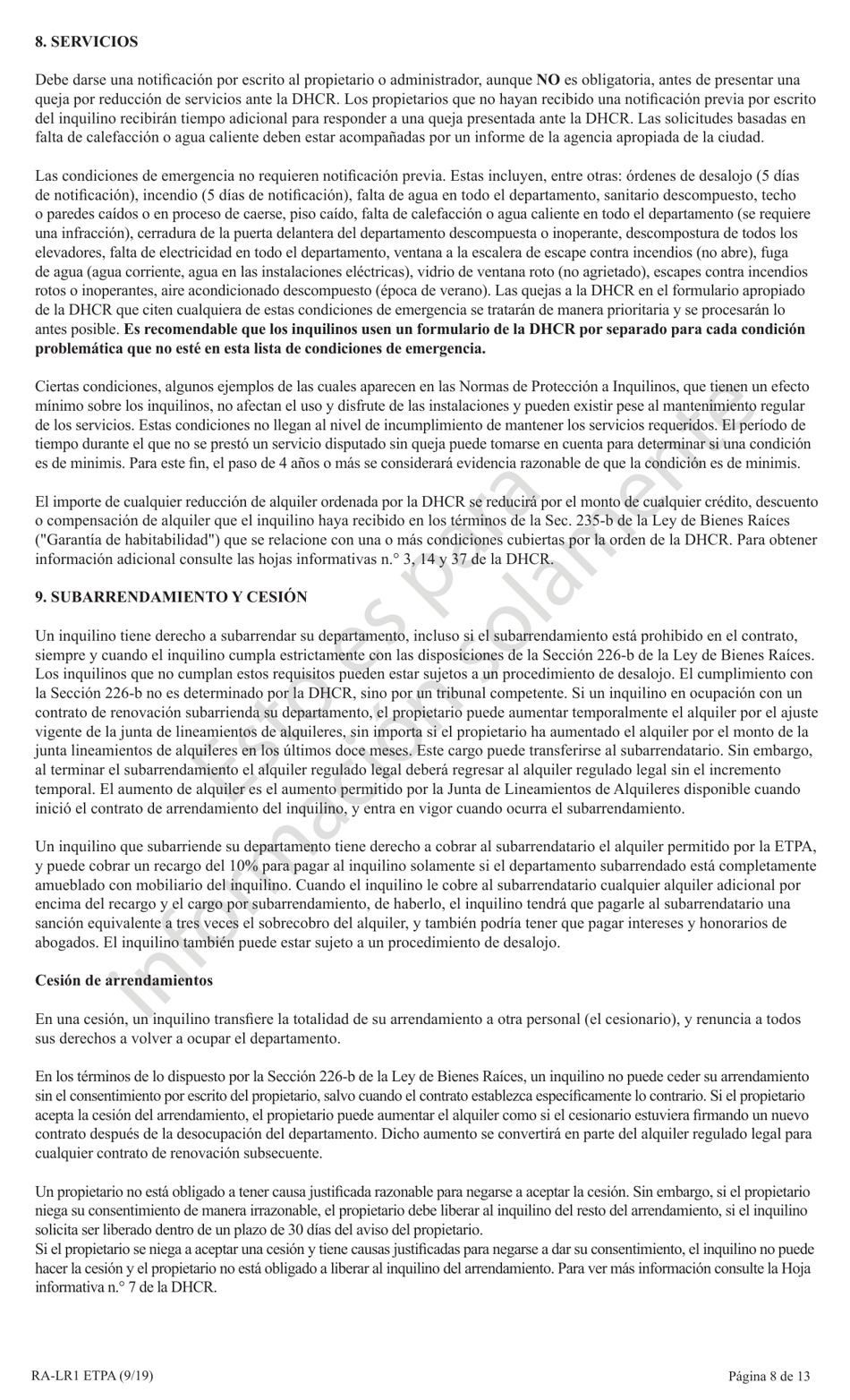 Formulario RA-LR1 ETPA Anexo a Contrato Estandar De Acuerdo Con Ley De Proteccion De Emergencia Para Inquilinos (Etpa) Para Inquilinos Con Alquiler Estabilizado - New York (Spanish), Page 8