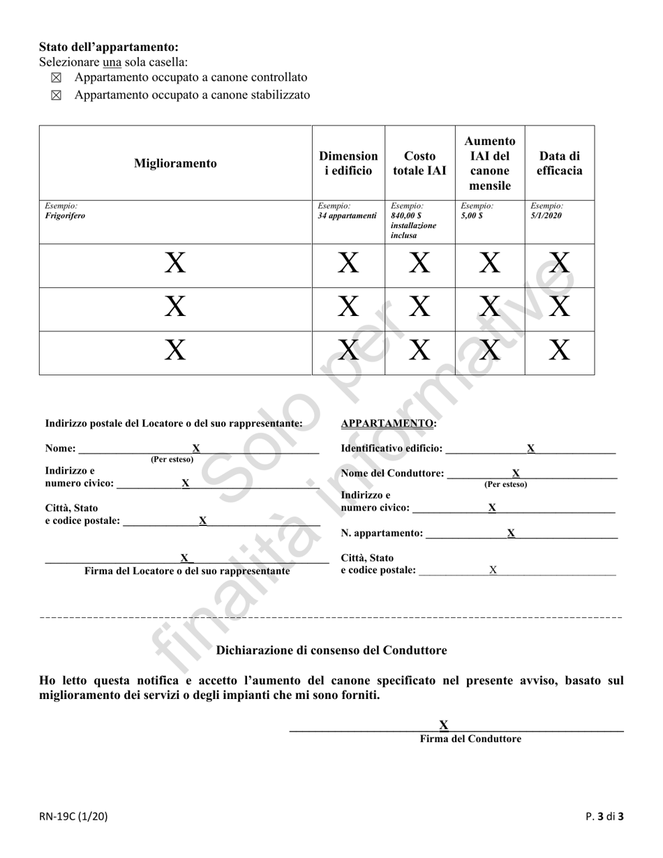 Form RN-19C Individual Apartment Improvement: Tenants Informed Consent - Sample - New York (Italian), Page 3