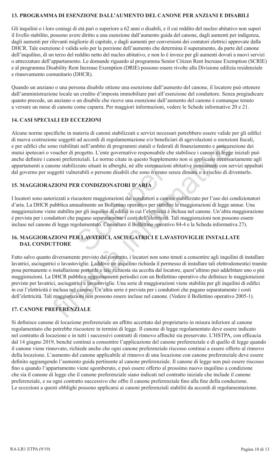 Form RA-LR1 ETPA Emergency Tenant Protection Act (Etpa) Standard Lease Addenda for Rent Stabilized Tenants - New York (Italian), Page 10