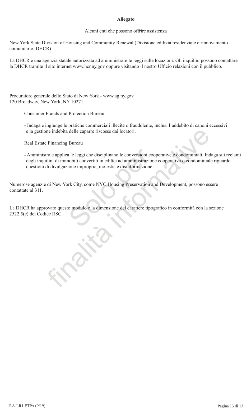Form RA-LR1 ETPA Emergency Tenant Protection Act (Etpa) Standard Lease Addenda for Rent Stabilized Tenants - New York (Italian), Page 13