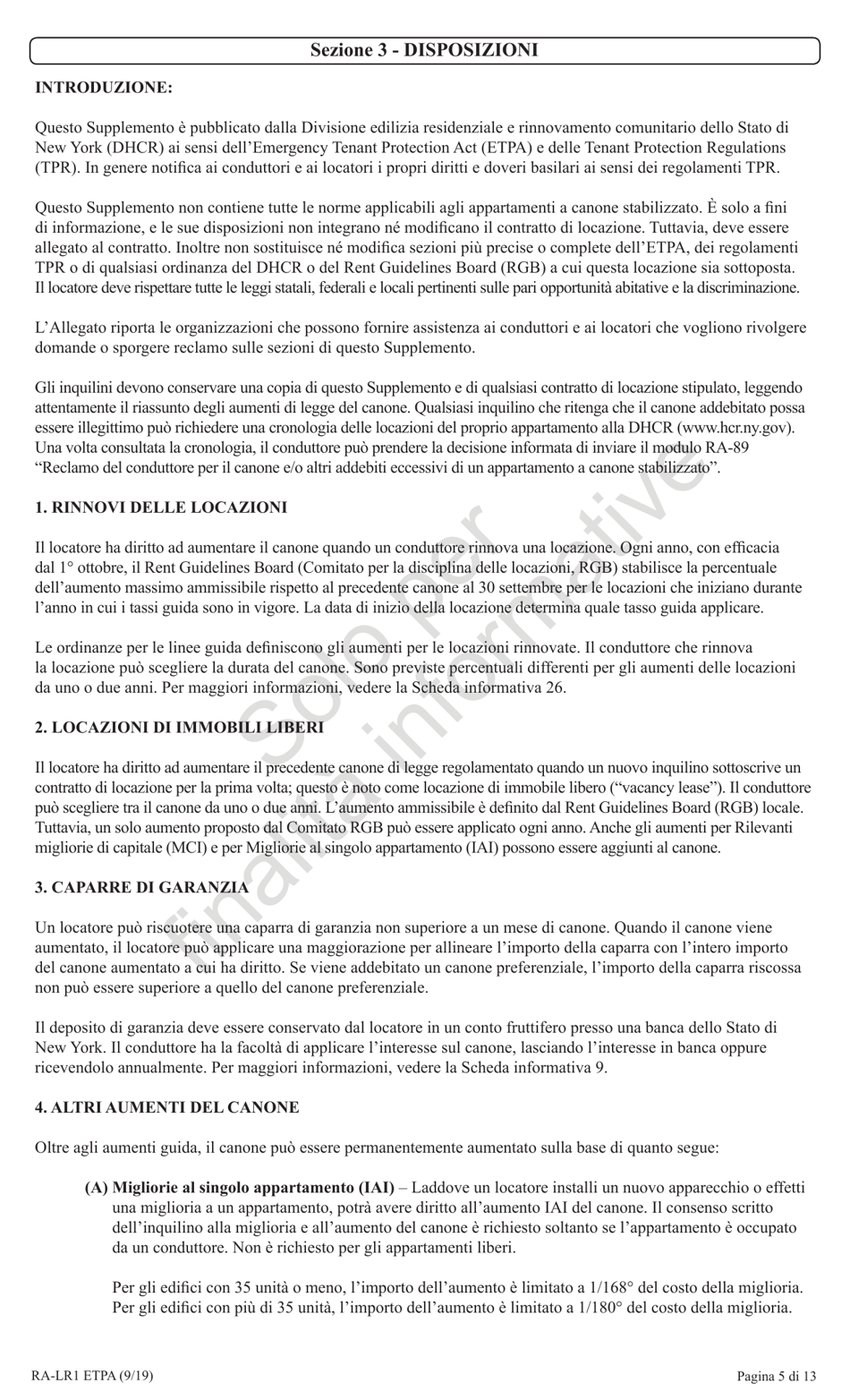 Form RA-LR1 ETPA Emergency Tenant Protection Act (Etpa) Standard Lease Addenda for Rent Stabilized Tenants - New York (Italian), Page 5