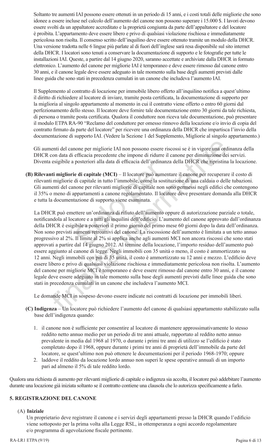 Form RA-LR1 ETPA Emergency Tenant Protection Act (Etpa) Standard Lease Addenda for Rent Stabilized Tenants - New York (Italian), Page 6