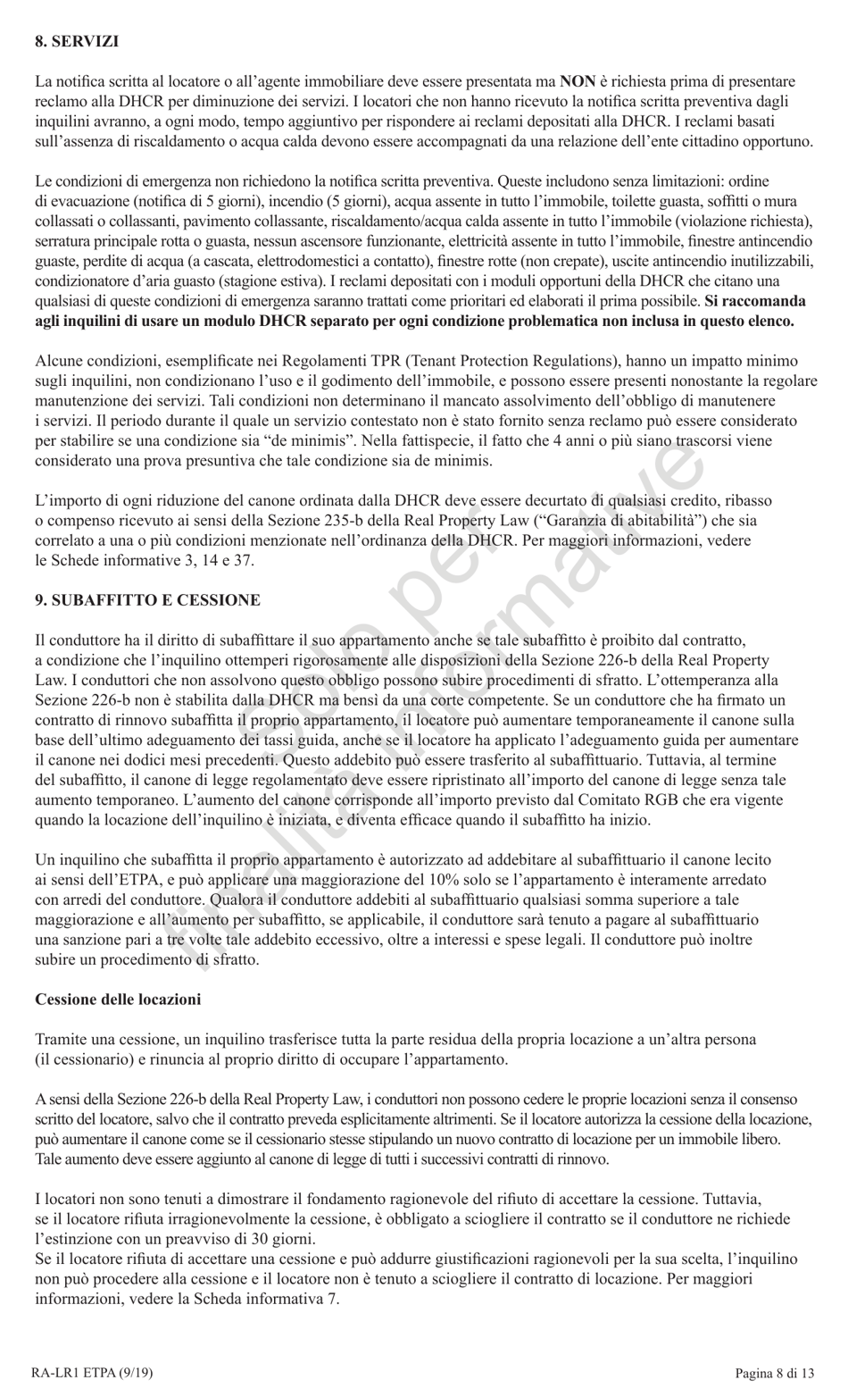 Form RA-LR1 ETPA Emergency Tenant Protection Act (Etpa) Standard Lease Addenda for Rent Stabilized Tenants - New York (Italian), Page 8