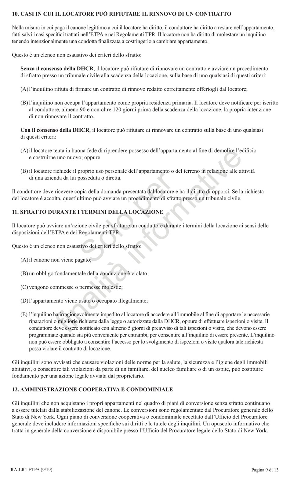 Form RA-LR1 ETPA Emergency Tenant Protection Act (Etpa) Standard Lease Addenda for Rent Stabilized Tenants - New York (Italian), Page 9